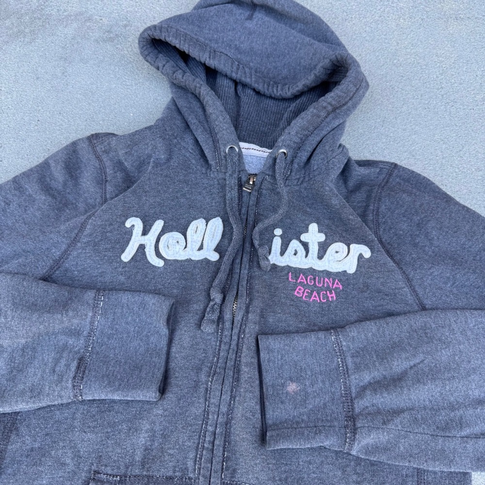 Hollister Y2K Laguna Beach Full Zip Hoodie Gray Chenille Logo L